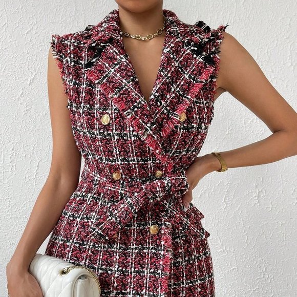 Multicolor Preppy Womens Plaid Pattern Raw Trim Belted Tweed Vest Overcoat - Picture 5 of 5